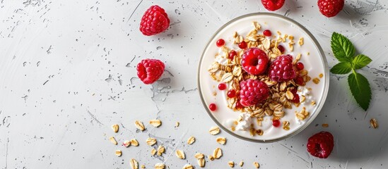 Wall Mural - Morning cheesecake parfait with cottage cheese, mascarpone, oats, and raspberries on a white concrete background with copy space image.