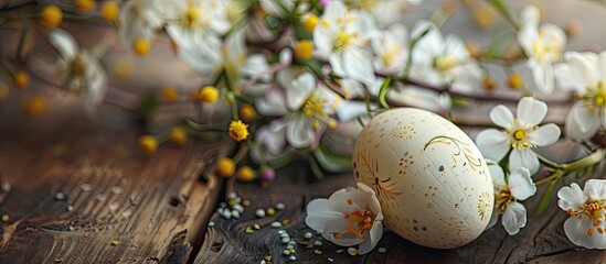 Aufkleber - Easter egg nestled among flowers on a rustic wooden table, with a blank copy space image.