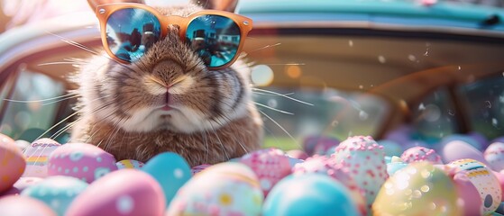 Wall Mural - Cute Easter Bunny with sunglasses looking out of a car filed with easter eggs 