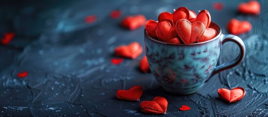 Canvas Print - Valentine's day greeting concept with decorative hearts in cup on dark background, ideal for a copy space image.