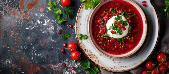 Aufkleber - Close-up of a plate with delicious borscht soup, with ample copy space image.