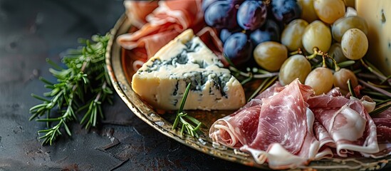 Poster - Appetizing snacks include blue cheese, prosciutto, grapes, and rosemary displayed on a rustic brass plate against a dark backdrop, with room for text or graphics. Copy space image