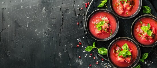 Poster - Traditional watermelon gazpacho, a refreshing Spanish cold soup with fresh vegetables and greens, set against a black stone concrete background providing ample space for additional content.