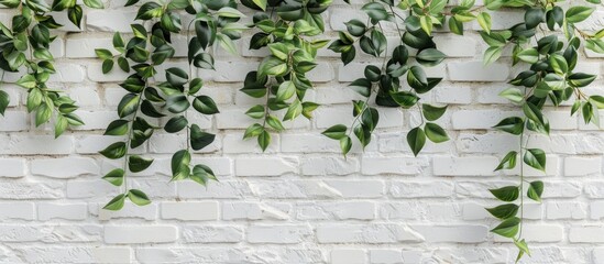 Aufkleber - a white brick wall with a mockup of leaves provides copy space image.