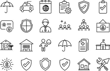 Wall Mural - Insurance, Policy related concept editable stroke outline icons isolated on white background flat vector illustration