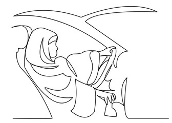 Wall Mural - one line continuous painted muslim woman driving a car drawn by hand silhouette picture. Line art. character female Muslim woman in the zijab at the wheel. doodle