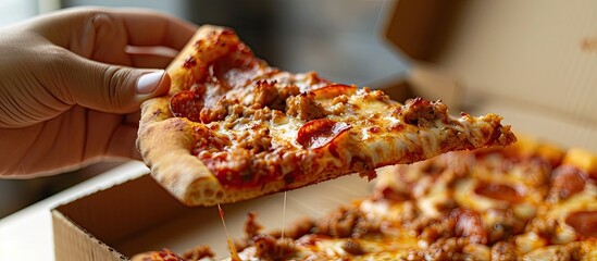 Poster - Close-up shot of a hand holding a slice of meat pizza in a box with copy space image included.