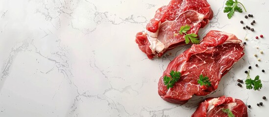 Poster - Delicious raw meat on marbled surface in kitchen, creating appetizing, juicy, and spicy copy space image.