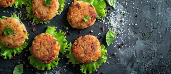 Aufkleber - Vegetarian cutlets displayed on a grey surface, flat lay composition with room for text in the image. Copy space image. Place for adding text and design