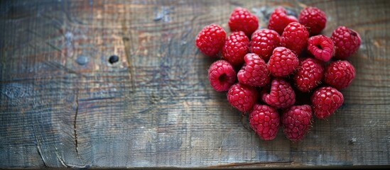 Wall Mural - High-quality raspberries arranged in a heart shape on a rustic wooden backdrop, captured up-close with a top view in a high-resolution image, embodying a concept related to harvest. Displayed with