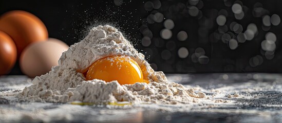 A vibrant image of a chicken egg coated in flour, showcasing the rich hues of the yolk and wheat flour, set against a table with baking ingredients, providing a backdrop with ample copy space.