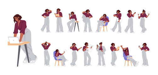 Poster - businesswoman in different poses set. business girl in suit works at laptop. busy woman with papers 