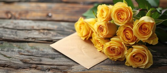 Aufkleber - A beautiful bouquet of yellow roses on a wooden table with a card template suitable for Valentine's or Women's Day, featuring copy space image.