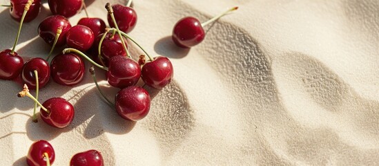 Aufkleber - Cherries on a sandy beach background with a copy space image for a minimalist and creative summer fruit art arrangement.