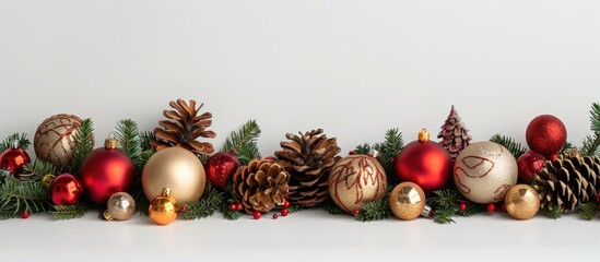 Poster - Festive New Year and Christmas decorations featuring ornaments, cones, and a plain white backdrop for a copy space image.