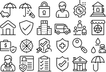 Sticker - Insurance, Policy related concept editable stroke outline icons isolated on white background flat vector illustration