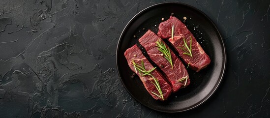 Wall Mural - Top view of a plate with garnished Striploin or New York beef steaks on a black background, with ample copy space image.