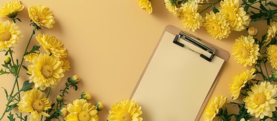 Poster - Top view of a beige background with a clipboard featuring a blank paper and yellow chrysanthemums, ideal for a copy space image.