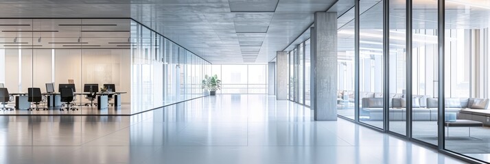 Wall Mural - A wide-angle view of a modern office interior with glass walls and an open floor plan