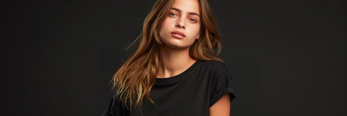 Poster - A young woman with long brown hair poses in a studio, wearing a black t-shirt