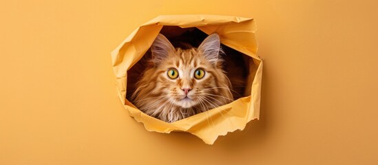 Poster - A fluffy red cat with captivating green eyes peeking through a hole in the paper against an orange background, creating a charming copy space image.