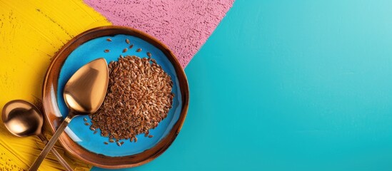Aufkleber - Flax seeds on a tray beside a spoon on a colorful background with copy space image.
