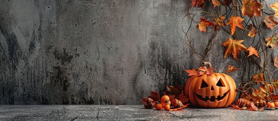 Poster - A Halloween-themed arrangement featuring a jack-o'-lantern decoration displayed on a concrete surface, with space for adding text or other images. Copy space image. Place for adding text and design