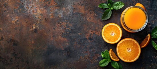 Poster - Rustic top view copy space image of a fresh orange juice as a natural appetizer on a table.