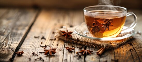 Poster - A glass cup is filled with fragrant hot tea and anise stars on a wooden surface, providing a copy space image.