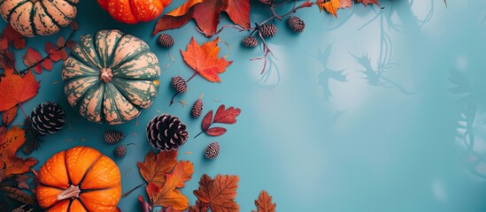 Wall Mural - Ripe pumpkins and forest-themed frame on colorful backdrop with copy space image.