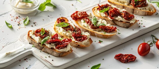 Poster - A platter featuring sun-dried tomatoes and cream cheese on toast, displayed on a white board against a white backdrop with copy space image.