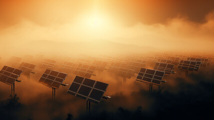 Wall Mural - solar panels in the fog at sunset, the technology of the future futuristic landscape renewable energy