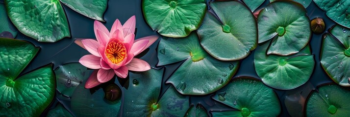 A wide-angle photograph showcasing a vibrant pink lotus flower surrounded by a collection of large, green lily pads, all floating on the surface of a tranquil pond
