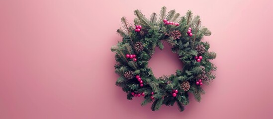 Poster - A Christmas wreath displayed against a soft pink background, serving as a festive decoration. Positioned flat with a view from above and room for text or images. Copy space image