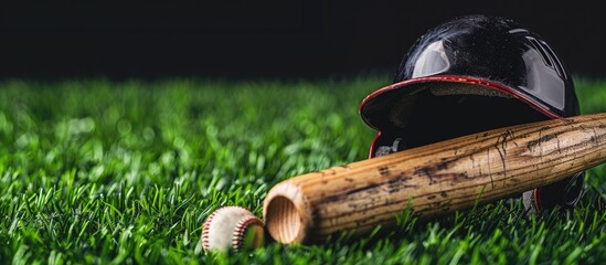 Sticker - Close-up of baseball equipment like a bat, helmet, and ball on lush green grass against a dark background with room for text in the image. Copy space image. Place for adding text and design