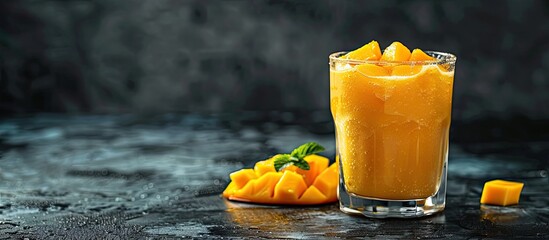 Sticker - A cold, nutritious mango-milk smoothie in glassware with bright frozen mango pieces on a dark background, representing a healthy drink with copy space image.