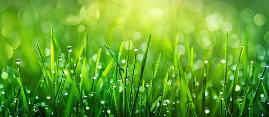 Wall Mural - Green wheat grass with dew drops on a green background provides a refreshing view in this copy space image.