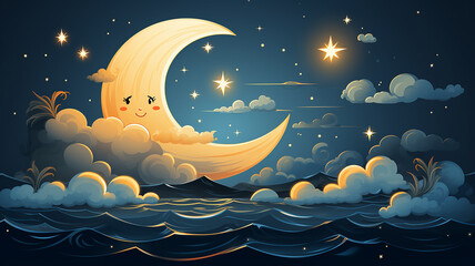 Wall Mural - cartoon crescent moon on a blue sky background, art character, good night children