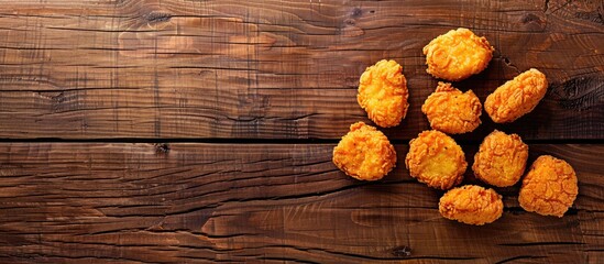 Aufkleber - Top view of chicken nuggets on a wooden background with depth of field and a blank space for text or images. Copy space image. Place for adding text and design