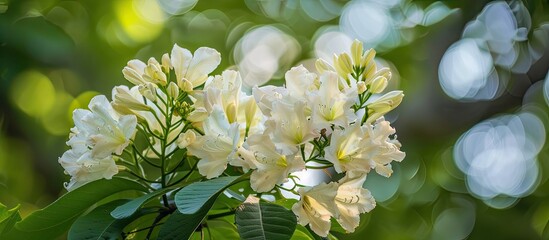 Poster - A detailed image of a silver trumpet tree flower bouquet against a tree backdrop, with ample space for additional content.