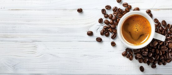 Wall Mural - Start your day with an energizing breakfast featuring a cup of coffee placed next to coffee beans on a white wooden table, creating a relaxing ambiance with copy space image.
