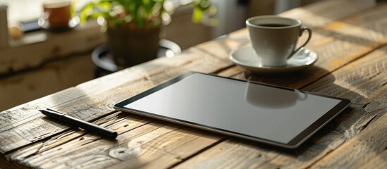 Fototapete - A table setting showcasing a touch tablet and digital pen with a blank 'copy space image' displayed.