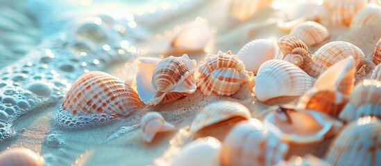 Wall Mural - Seashells scattered on the sandy beach, creating a serene and picturesque scene with plenty of copy space image.