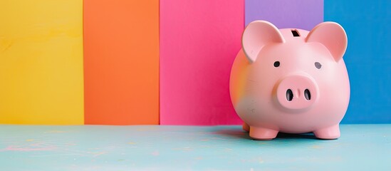 Poster - Piggy bank on a colorful background with copy space image.