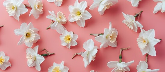 Aufkleber - Top view of white daffodils on a pink backdrop with room for text or other elements in the image. Copy space image. Place for adding text and design