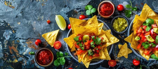 Poster - A display of nachos positioned centrally in the photograph, captured horizontally with a textured layer, creating an appealing copy space image.