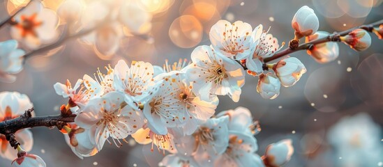 Poster - Macro photo of apricot tree blossoms in spring with white flowers. Background for design with copy space image.