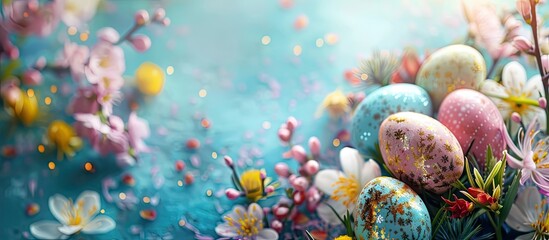 Fototapete - Beautiful Easter-themed image with colorful Easter eggs and lovely spring flowers, perfect for a copy space image.