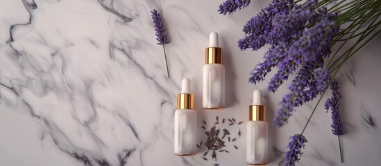Poster - Grey background hosts two unbranded cosmetic serum bottles beside a lavender bunch. The view is top-down with ample room for text or graphics - a copy space image.