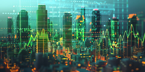 Poster - illustration of the residential real estate developers market. a graph or chart showing the drop in bond values. Background image. Created with Generative AI technology.